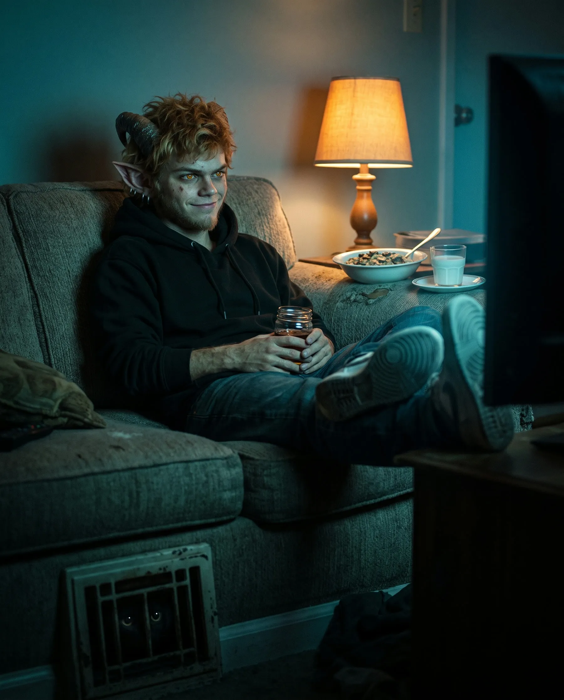 Grimm the imp sprawled on a couch with a jar of whiskey, lit by the TV