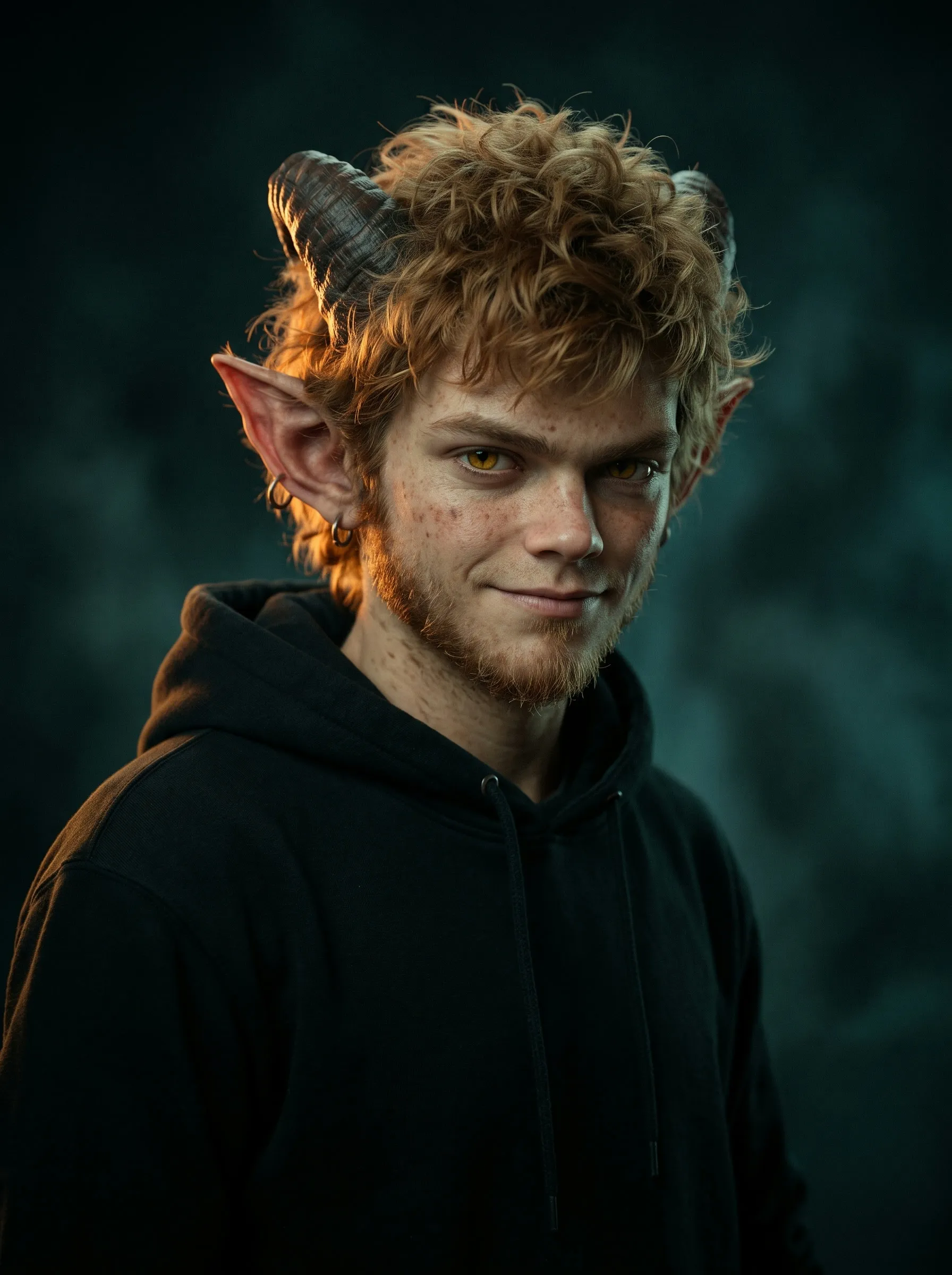 Grimm the imp, horns, amber eyes, sly smirk