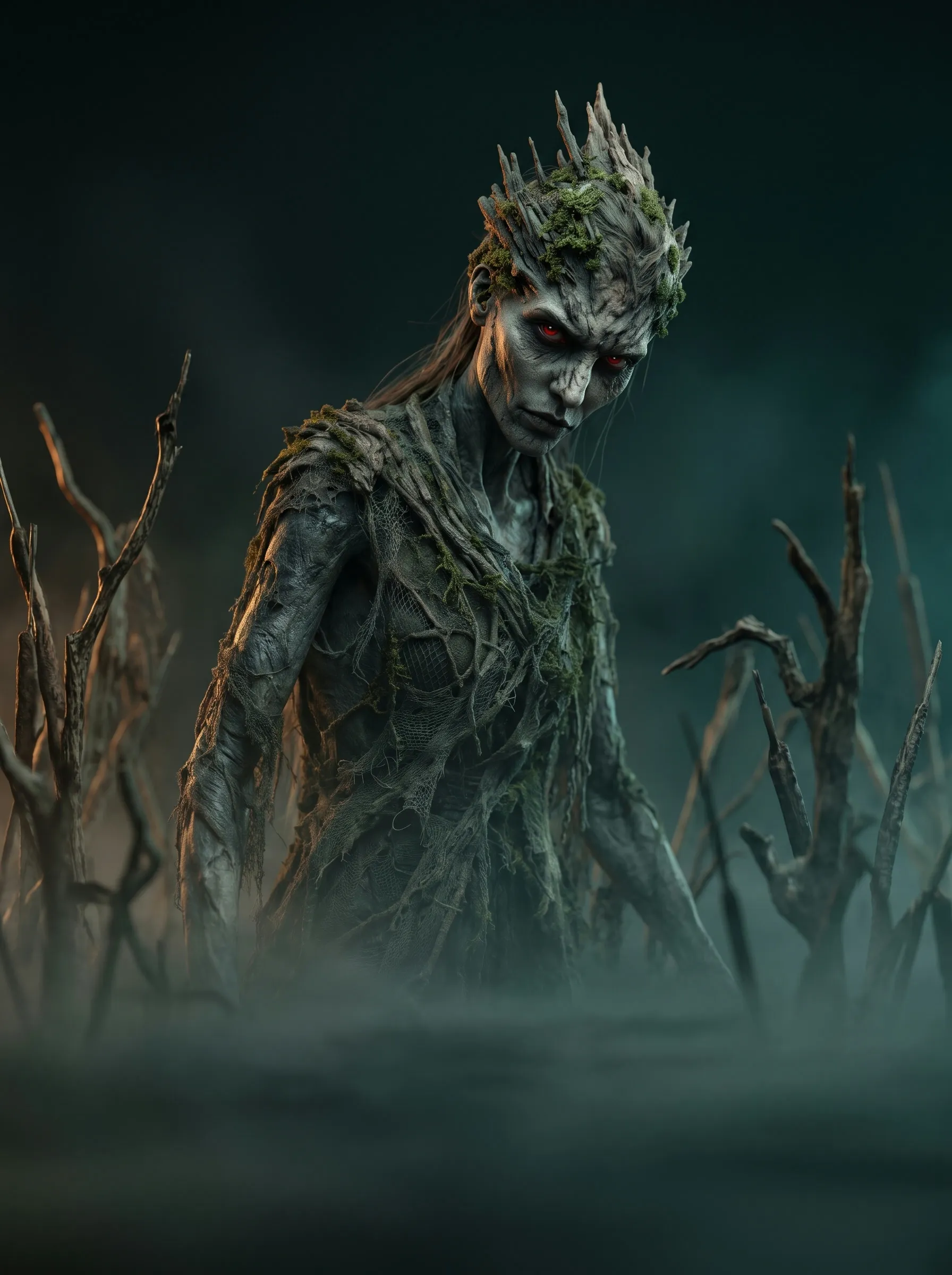 The Hollowmother, bark-grey skin and glowing red eyes